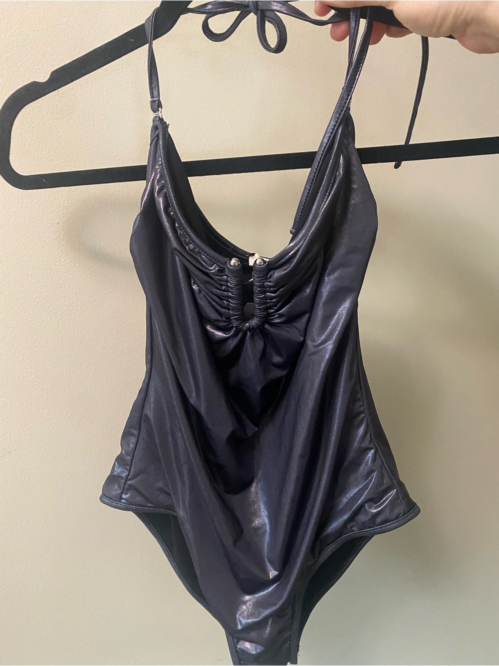 Shiny Black Halter One-Piece Swimsuit with Ruched Front